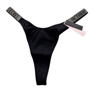 Victorias Secret Nwt Black Logo Shine Strap Sexy Laguna Thong Swim Bikini Bottom